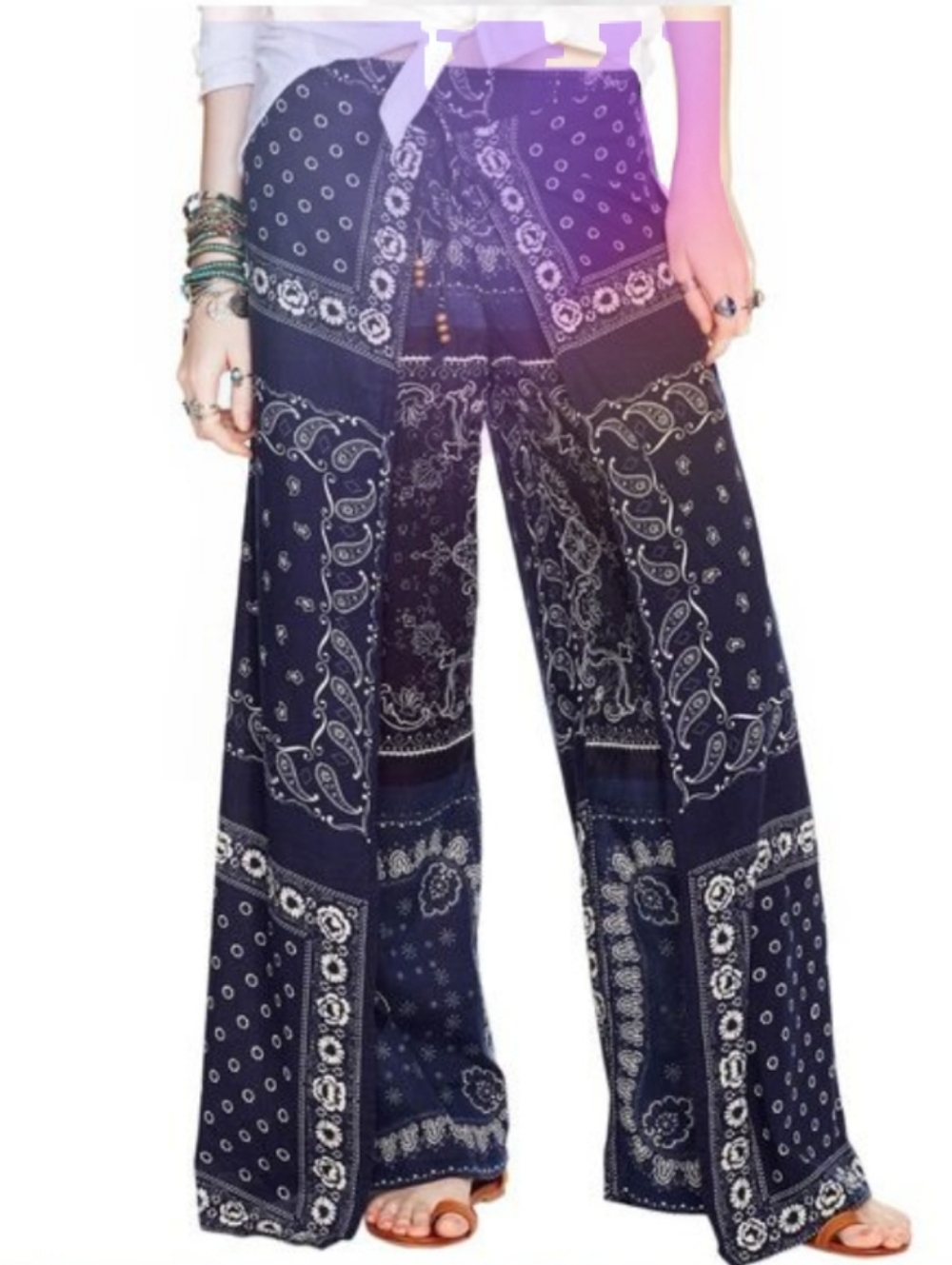 RALPH LAUREN navy and white bandana-print wide leg pants - size large